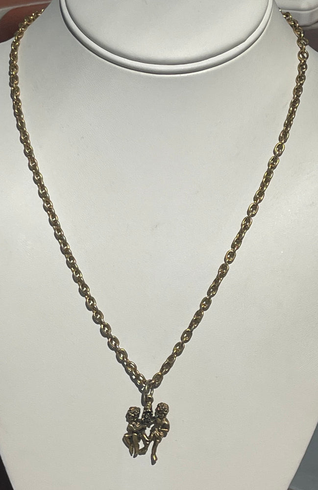 Vintage Designer Elizabeth Cole Yellow Gold Tone Chain Necklace Cherubs/ Angels 19.5 inches