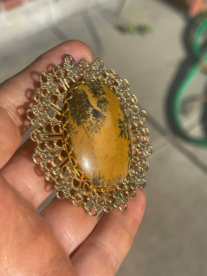 Beautiful Huge Denditric Agate Gemstone Brooch Gold Tone Filigree Large Brown and Black