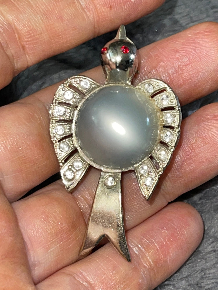 Antique Glass Moonstone Jelly Belly Peyote Bird Brooch Rhinestones