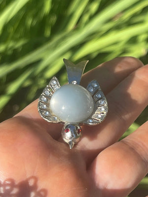 Antique Glass Moonstone Jelly Belly Peyote Bird Brooch Rhinestones