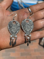 Vintage Gorgeous Solid Sterling Silver 925  Leaf Dangle Earrings Genuine Pearls and Tassels Big Artisan Designer