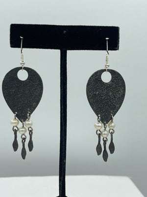 Vintage Gorgeous Solid Sterling Silver 925  Leaf Dangle Earrings Genuine Pearls and Tassels Big Artisan Designer