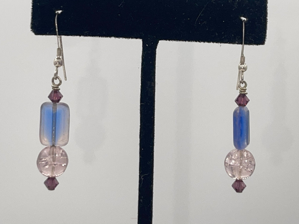 Vintage Art Glass Beaded Earrings Handblown Multi Tone Purple and Pink