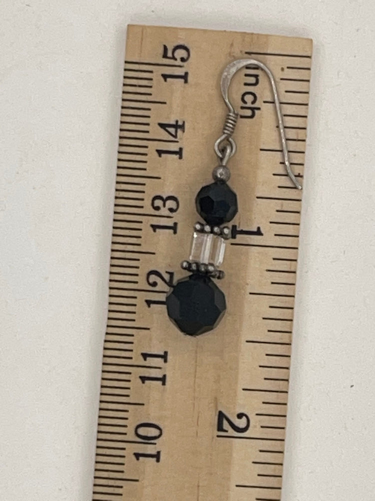 Vintage Beaded Black and Clear Crystal Dangle Earrings Sterling Silver 925