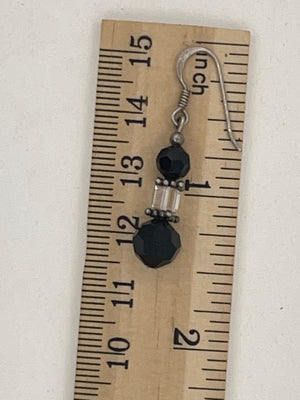 Vintage Beaded Black and Clear Crystal Dangle Earrings Sterling Silver 925