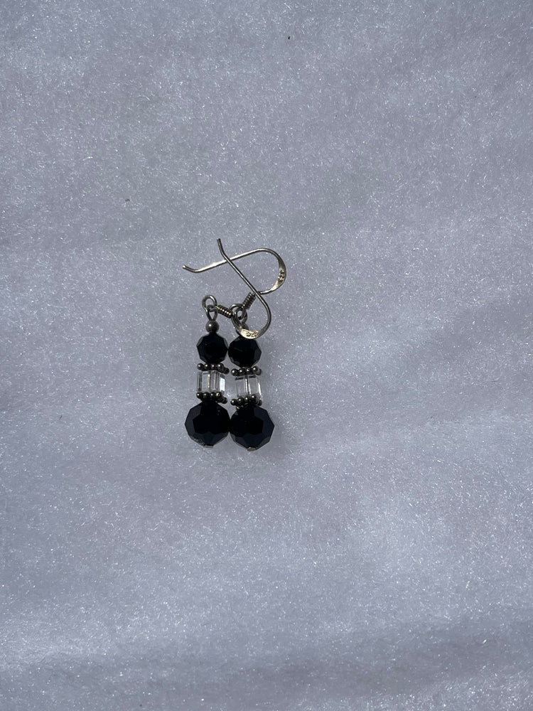 Vintage Beaded Black and Clear Crystal Dangle Earrings Sterling Silver 925