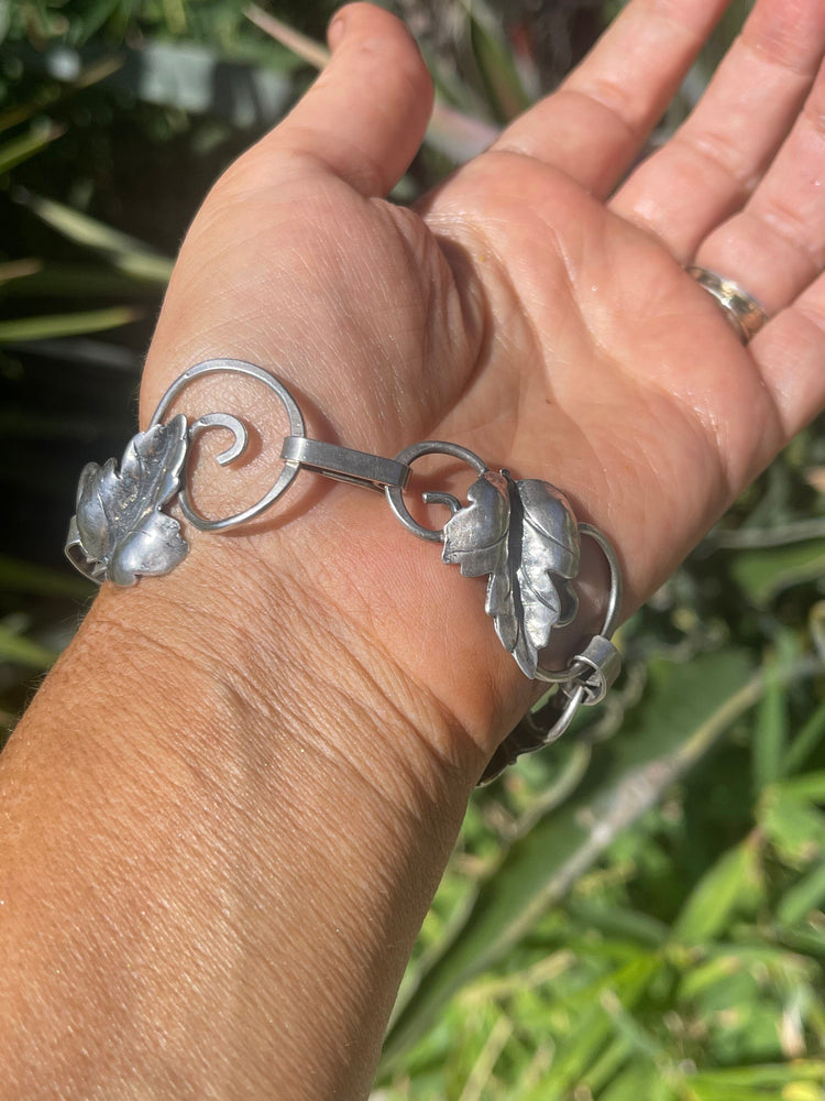 Antique Mid Century Modern  Sterling Silver 925  Bracelet JM Joseph Masaniello Grape leaves  Modernist Leaf Link Vintage Piece 7.75 Inches