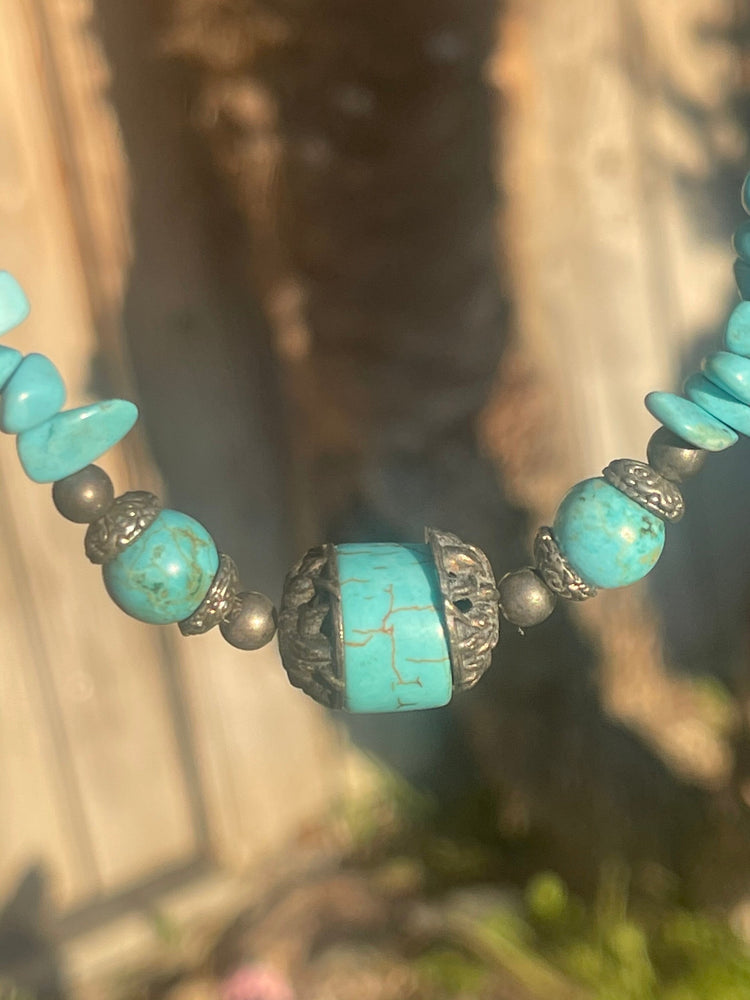 Beautiful Beaded Turquoise ornate Silver tone Beads Statement Necklace 22.75 Inches Long