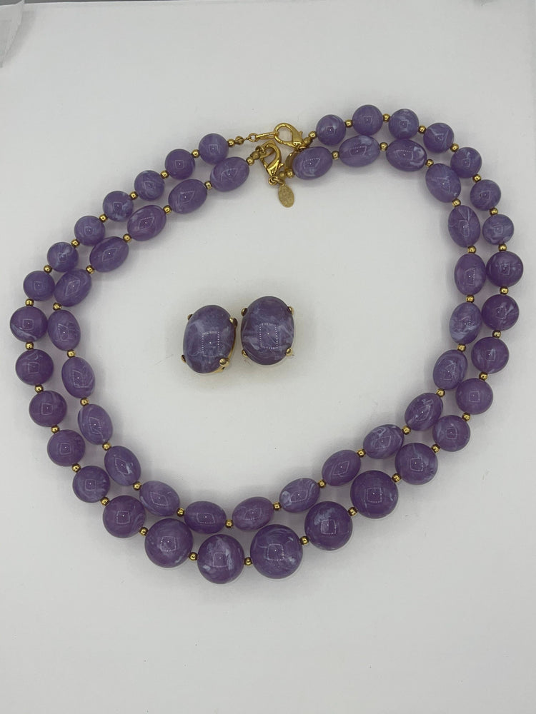 Vintage Large Beaded Lucite Amethyst Purple Necklaces & Clip Earrings Designer Joan Rivers