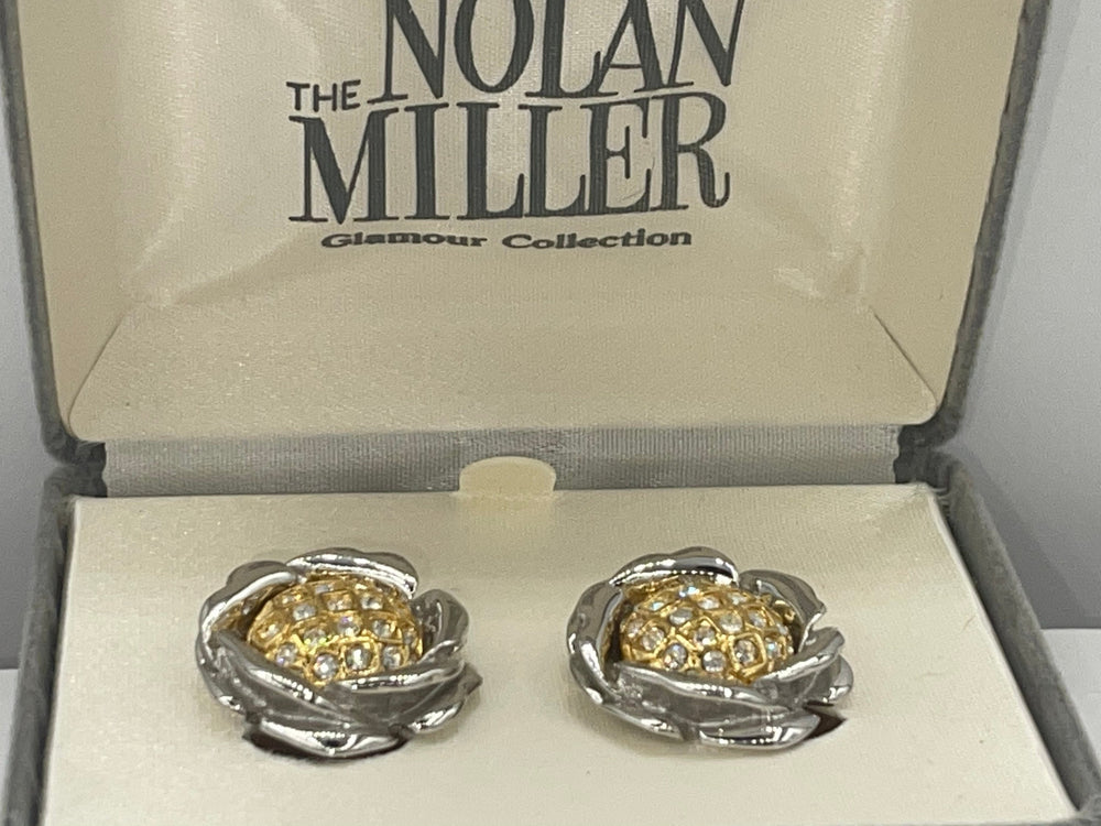 Vintage Designer Nolan Miller Clip On Earrings  Clear  Crystals Flower Gold & Silver Tone Beautiful New in Box