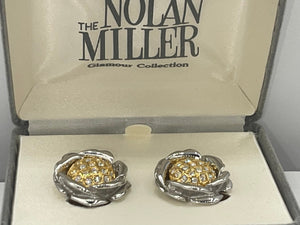 Vintage Designer Nolan Miller Clip On Earrings  Clear  Crystals Flower Gold & Silver Tone Beautiful New in Box