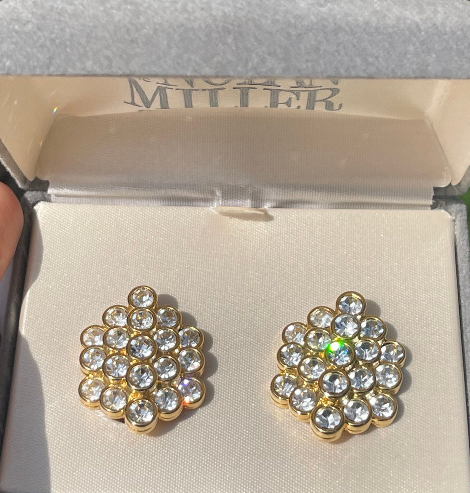 Vintage Designer Nolan Miller Clip On Earrings Cluster Crystals Beautiful New in Box