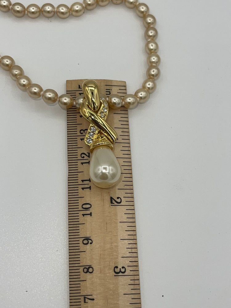 Vintage Designer Nolan Miller Faux Pearl Clip On Earrings & Enhancer Pendant Set 2 Necklaces Crystal Gold Tone New in Box Elegant