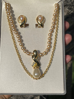 Vintage Designer Nolan Miller Faux Pearl Clip On Earrings & Enhancer Pendant Set 2 Necklaces Crystal Gold Tone New in Box Elegant