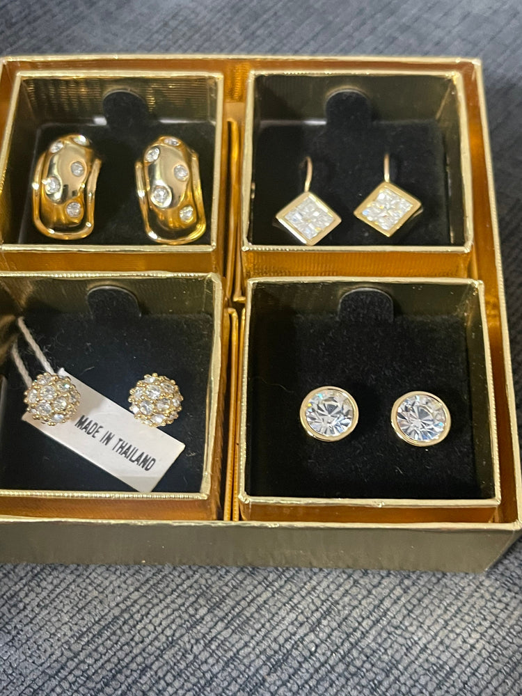 Vintage Designer Nolan Miller  Crystal Quartet Earrings Wardrobe Set of 5 Pierced Gift Boxes New Old Stock