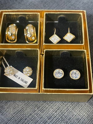 Vintage Designer Nolan Miller  Crystal Quartet Earrings Wardrobe Set of 5 Pierced Gift Boxes New Old Stock