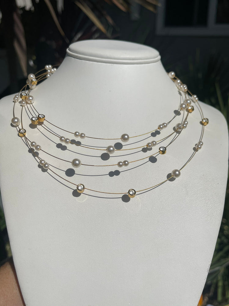 Beautiful Vintage Designer Nolan Miller Floating Faux Pearl & Crystal Necklace Set x 2 One Black Pearl Silver One Gold White Pearl New box