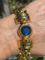 Vintage Designer Nolan Miller Gold Tone Blue Crystal Link Bracelet 8.25 Inches New Old Stock