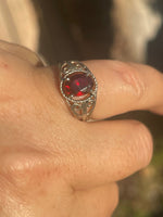 Beautiful Large Garnet Gemstone Ring Sterling Silver 925 Designer PJM Floral Filigree Size 6