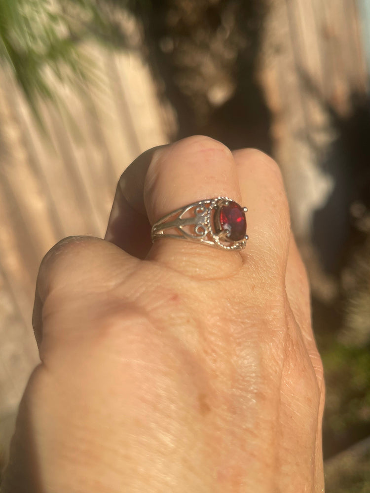 Beautiful Large Garnet Gemstone Ring Sterling Silver 925 Designer PJM Floral Filigree Size 6