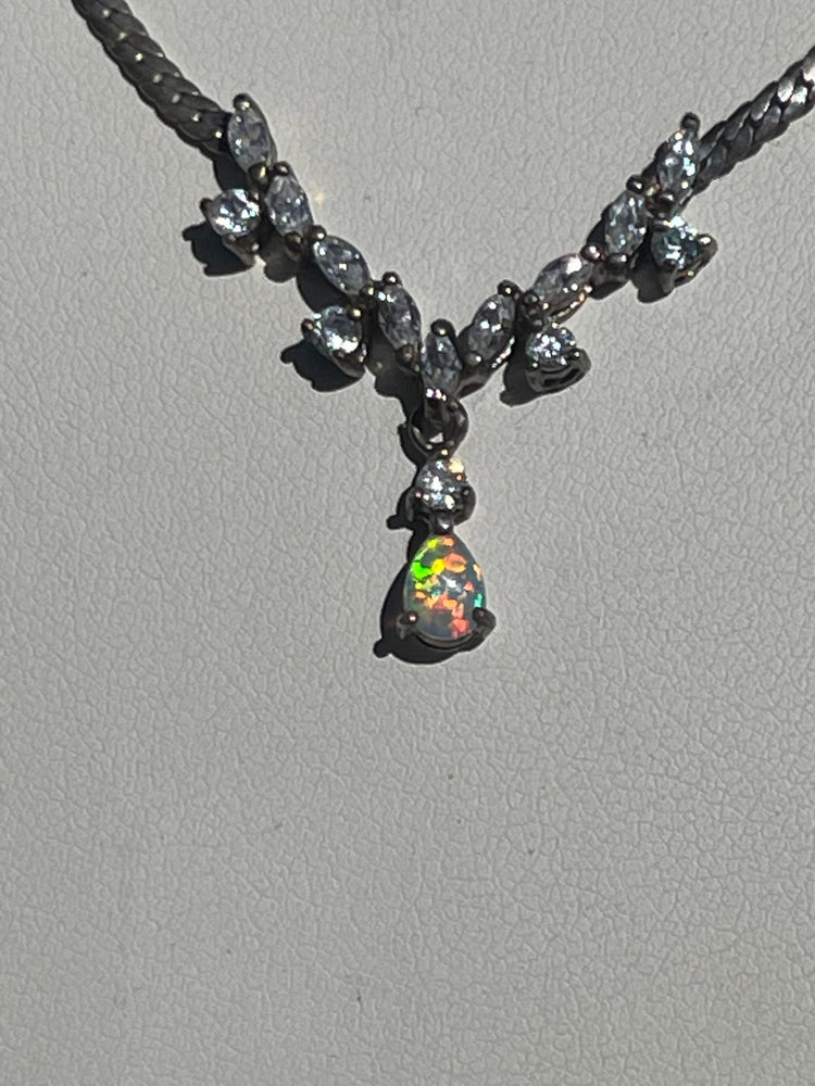 Vintage Sterling Silver 925 Herringbone chain V or Y shaped Necklace - Italy CZ’s / Clear Stones and Tear Drop Opal Gemstone