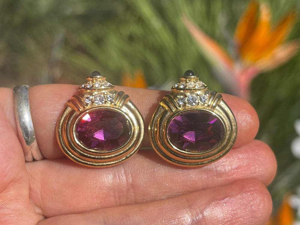 Vintage Designer Nolan Miller Purple Crystal Gold Tone Clip On Earrings Costume Cocktail