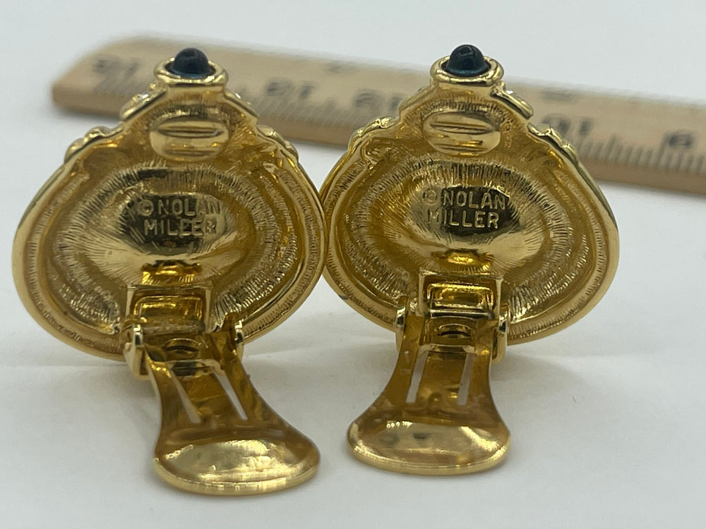 Vintage Designer Nolan Miller Purple Crystal Gold Tone Clip On Earrings Costume Cocktail