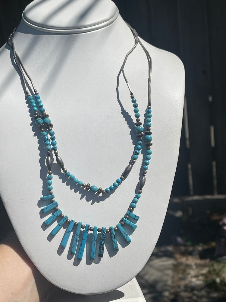 Vintage Two Strand Graduated Rectangular Turquoise and Silver Beads 21.25 Inches Southwestern- Native American- Sterling Silver Hook Clasp