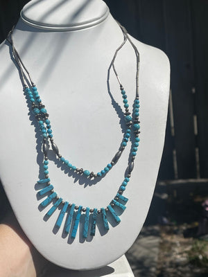 Vintage Two Strand Graduated Rectangular Turquoise and Silver Beads 21.25 Inches Southwestern- Native American- Sterling Silver Hook Clasp