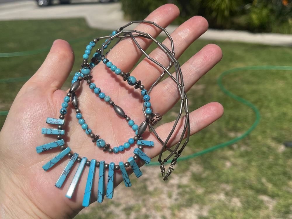 Vintage Two Strand Graduated Rectangular Turquoise and Silver Beads 21.25 Inches Southwestern- Native American- Sterling Silver Hook Clasp
