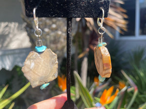 Vintage Petrified Wood & Turquoise Gemstone Earrings Big Fossilized Wood Statement Jewelry Sterling Silver 925 Latch Back Heavy