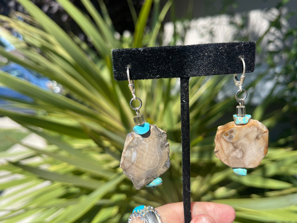 Vintage Petrified Wood & Turquoise Gemstone Earrings Big Fossilized Wood Statement Jewelry Sterling Silver 925 Latch Back Heavy