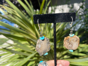 Vintage Petrified Wood & Turquoise Gemstone Earrings Big Fossilized Wood Statement Jewelry Sterling Silver 925 Latch Back Heavy