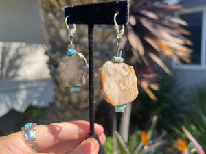 Vintage Petrified Wood & Turquoise Gemstone Earrings Big Fossilized Wood Statement Jewelry Sterling Silver 925 Latch Back Heavy