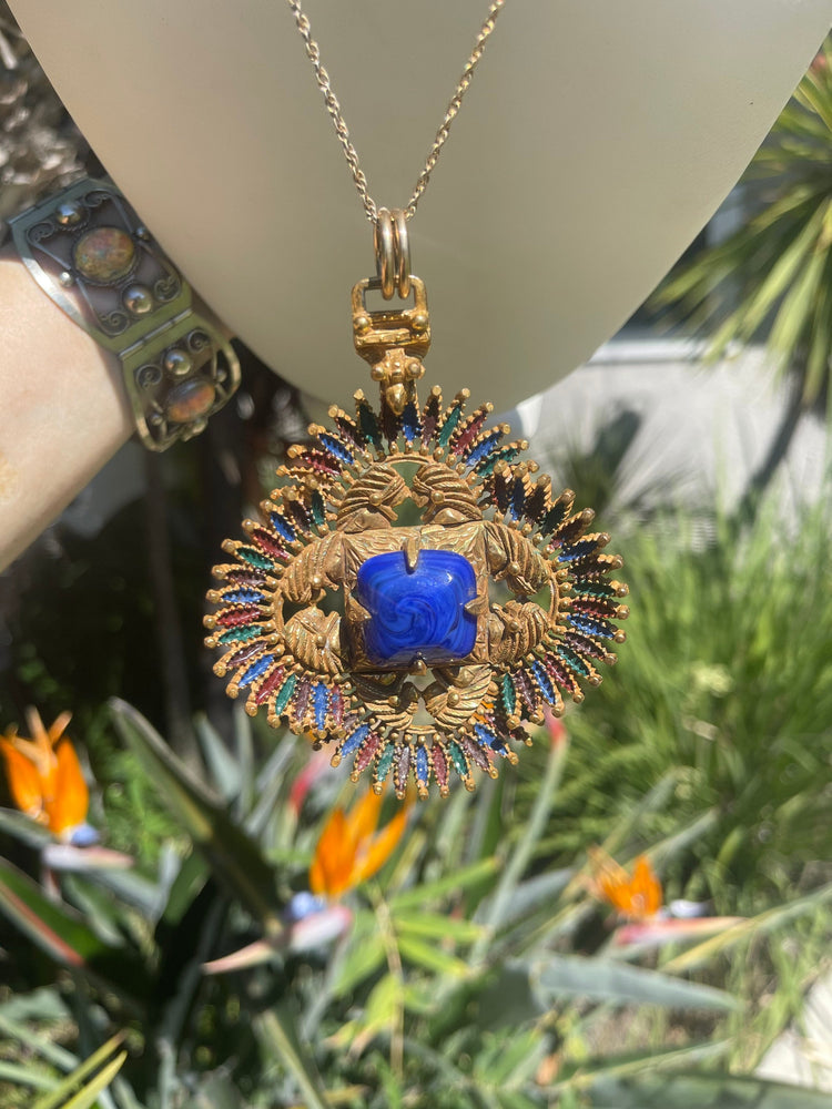 Vintage Castlecliff Designer Larry VRBA Huge Aztec  - Indian Pendant Gold Tone Rare Art Glass Centerpiece Necklace w 12kt gf Chain Couture