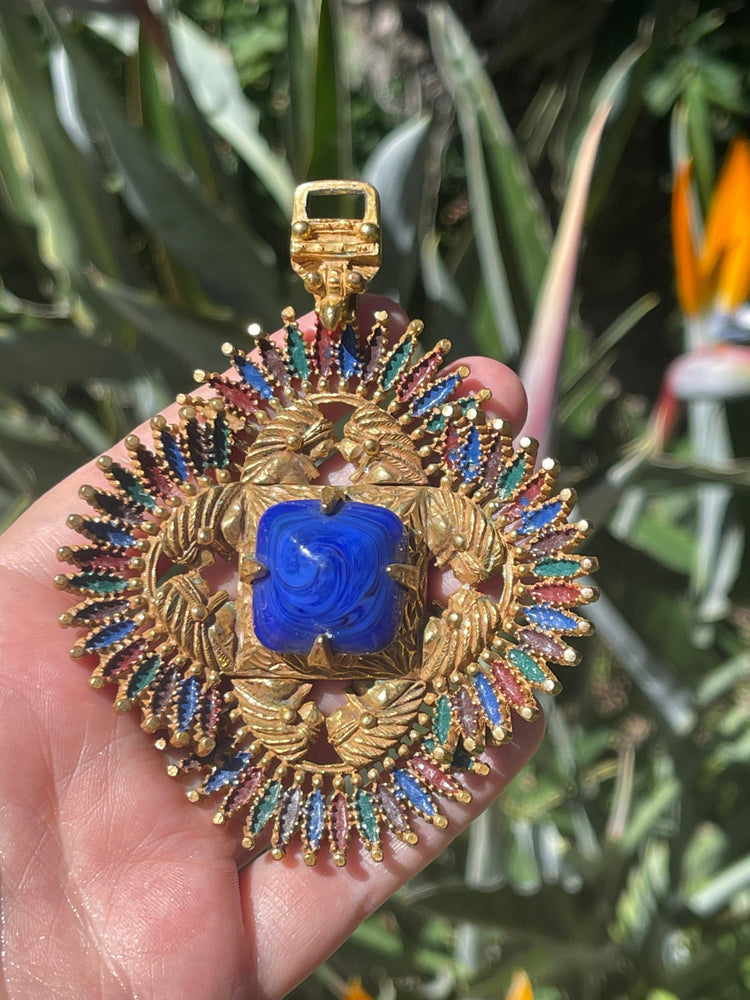 Vintage Castlecliff Designer Larry VRBA Huge Aztec  - Indian Pendant Gold Tone Rare Art Glass Centerpiece Necklace w 12kt gf Chain Couture