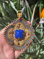 Vintage Castlecliff Designer Larry VRBA Huge Aztec  - Indian Pendant Gold Tone Rare Art Glass Centerpiece Necklace w 12kt gf Chain Couture