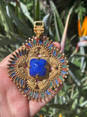 Vintage Castlecliff Designer Larry VRBA Huge Aztec  - Indian Pendant Gold Tone Rare Art Glass Centerpiece Necklace w 12kt gf Chain Couture