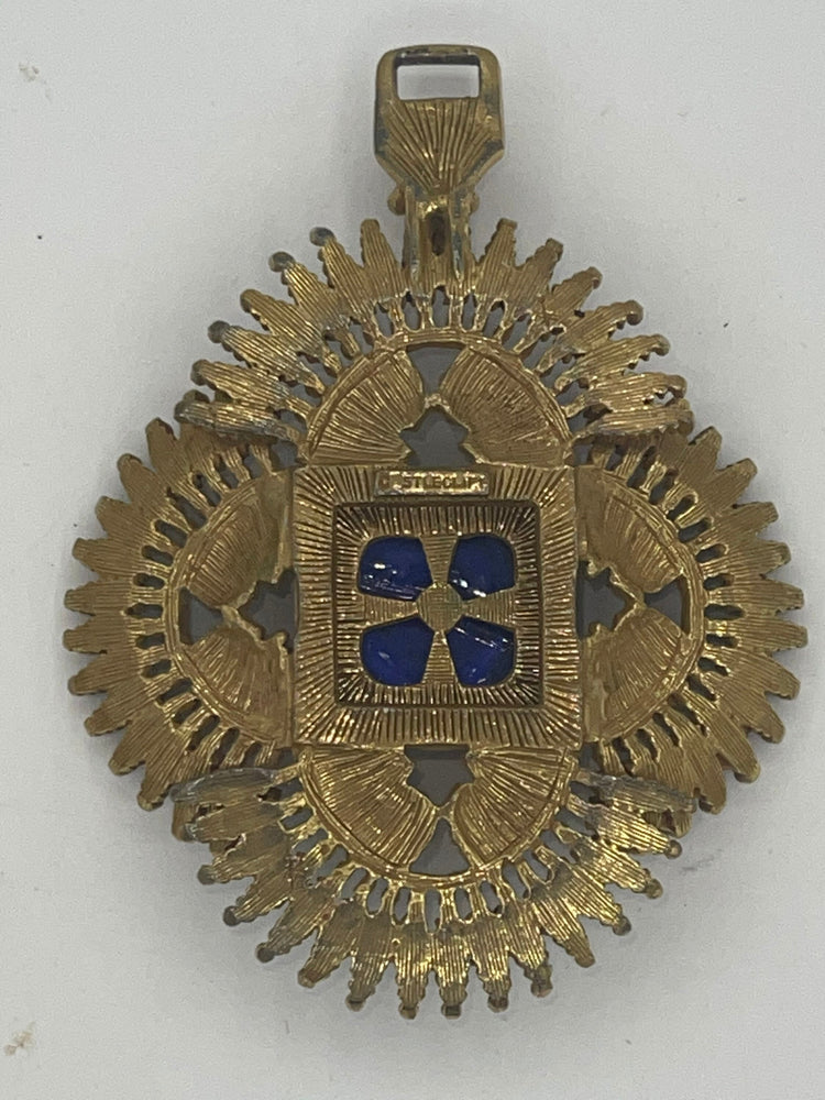 Vintage Castlecliff Designer Larry VRBA Huge Aztec  - Indian Pendant Gold Tone Rare Art Glass Centerpiece Necklace w 12kt gf Chain Couture