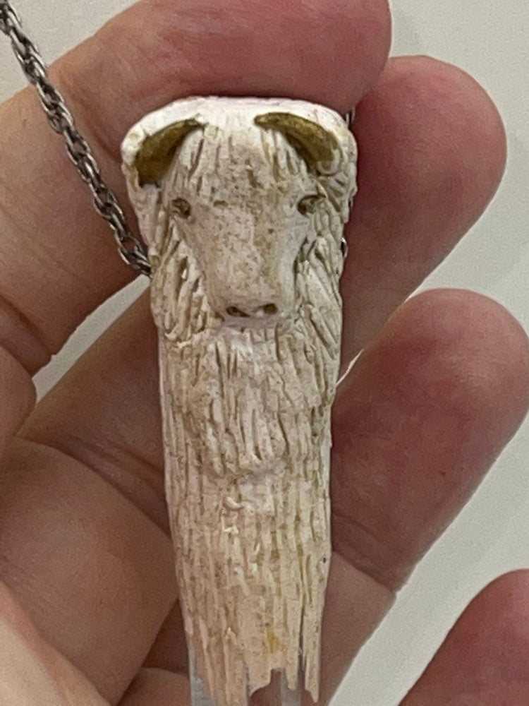 Vintage Alpaca / Ram / Goat White w Gold Horns Quartz Crystal Gemstone Bottom 1/2 Pendant Artisan 1994 Necklace w Sterling Silver Chain 925