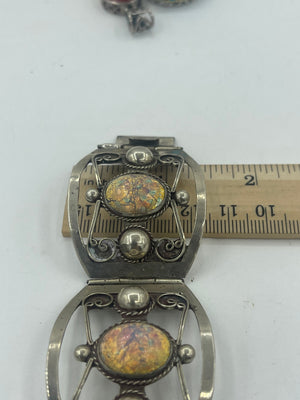 Antique Taxco Mexico Sterling Silver 925  Link Cuff Panel Bracelet Art - Foil Glass Dragons Breath Vintage Wide Bangle