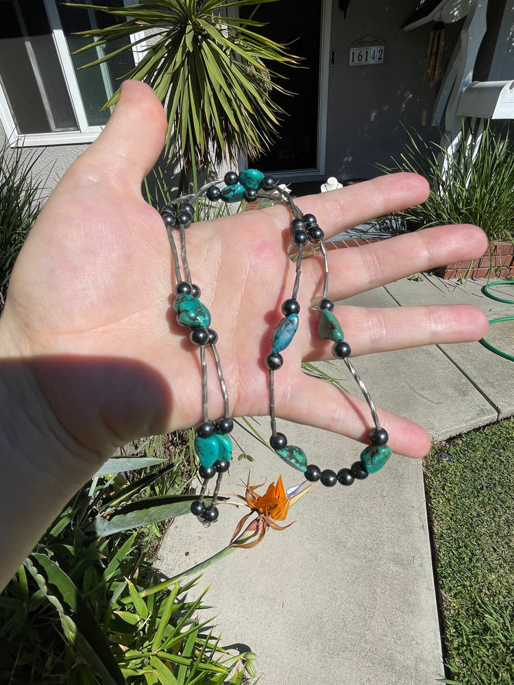 Vintage Turquoise Nugget Hematite Beaded Long Necklace 26.5 Inches Liquid Silver