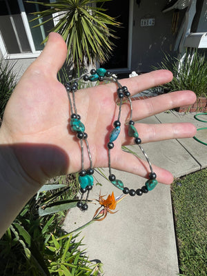 Vintage Turquoise Nugget Hematite Beaded Long Necklace 26.5 Inches Liquid Silver