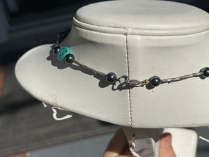 Vintage Turquoise Nugget Hematite Beaded Long Necklace 26.5 Inches Liquid Silver