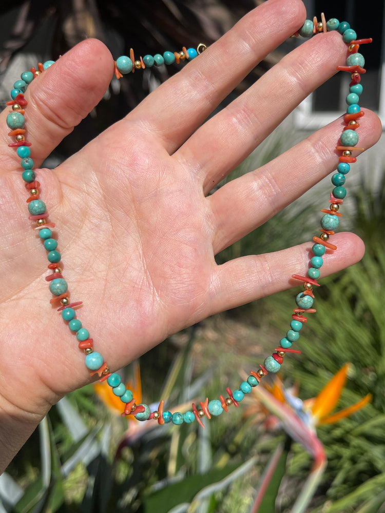 Vintage Genuine Turquoise and Red Branch Coral Gold Beads Choker Necklace