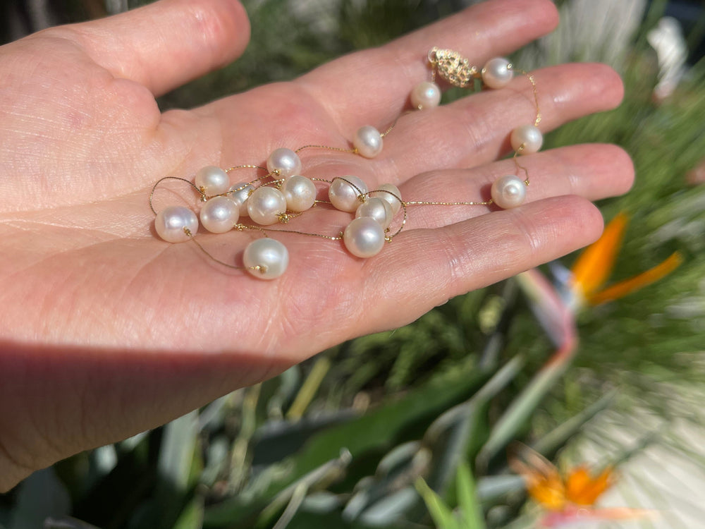 Vintage 14/20 Yellow Gold Filled White Pearl Necklace Spun Gold Chain 14kt GF Choker 18 Inches