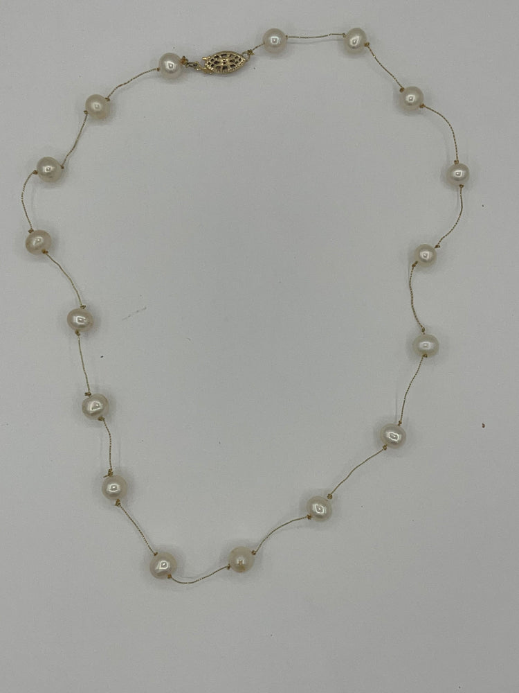 Vintage 14/20 Yellow Gold Filled White Pearl Necklace Spun Gold Chain 14kt GF Choker 18 Inches