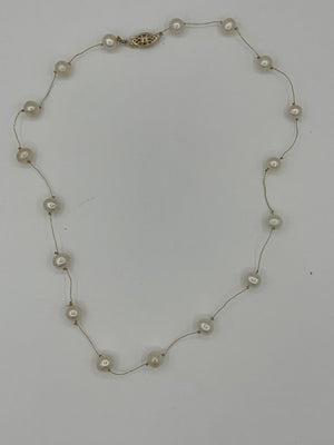 Vintage 14/20 Yellow Gold Filled White Pearl Necklace Spun Gold Chain 14kt GF Choker 18 Inches