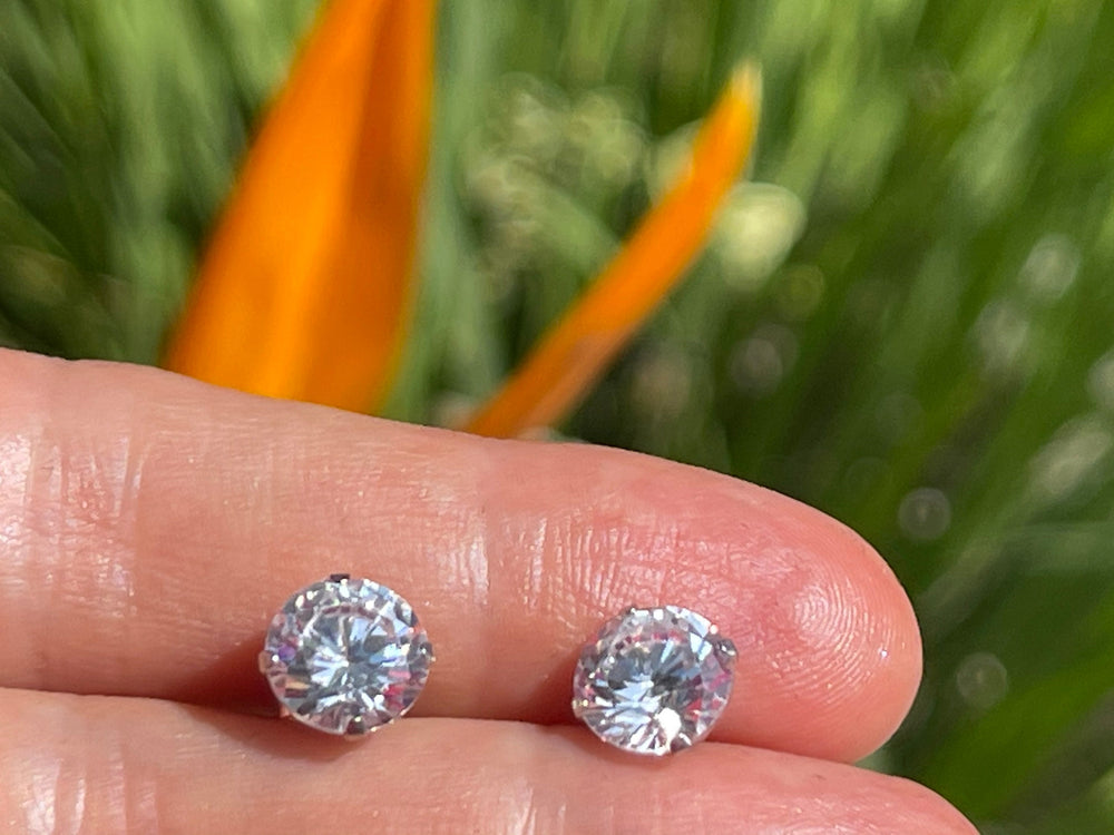 Big Vintage 8 mm 14kt White Gold CZ Studs 14 Karat Solid Stud Earrings Beautiful and Dainty 8mm