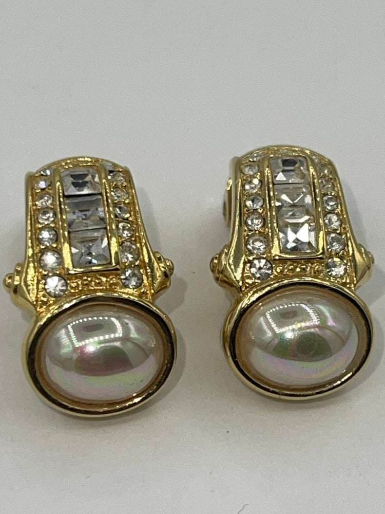 Vintage Designer Nolan Miller Clip On Earrings  Faux Pearl Crystals Beautiful New in Box New in Box
